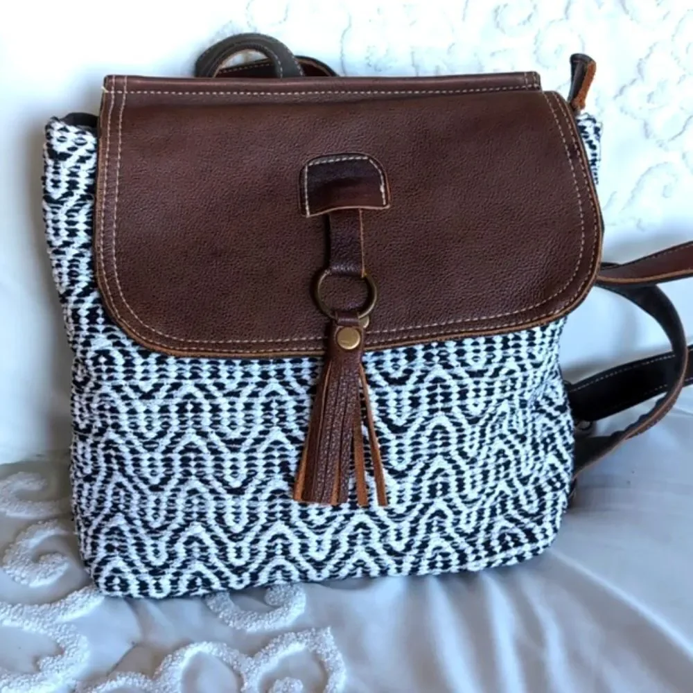 Myra Bag /Leffis Boho Rug/Leather Canvas Tassel Backpack NWOT